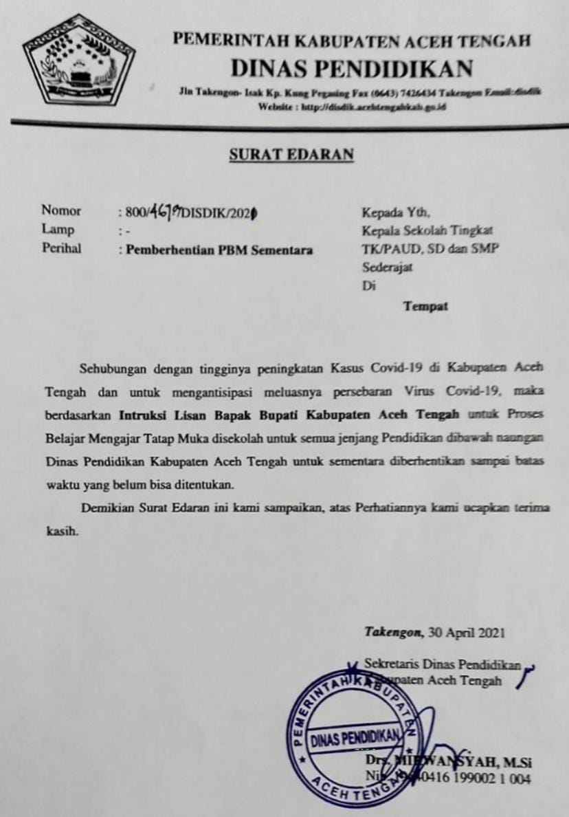 Belajar Tatap Muka Di Aceh Tengah Dihentikan Sementara